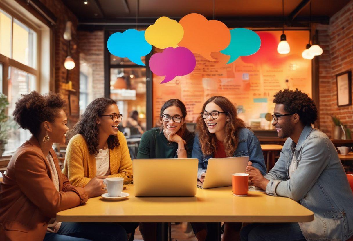 A vibrant illustration of a diverse group of people animatedly discussing in a cozy café setting, surrounded by colorful speech bubbles representing various topics. The backdrop features warm lighting and artistic decorations reflecting community spirit. Include elements like laptops, coffee cups, and snippets of trending discussions. super-realistic. vibrant colors. cozy atmosphere.