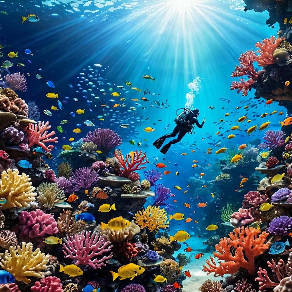 A serene underwater scene depicting vibrant coral reefs and schools of colorful fish, symbolizing deep insights and exploration. Include a diver observing the beauty, surrounded by bubbles that represent empowerment and knowledge. The sunlight filtering through the water creates a magical atmosphere. Add subtle hints of lifestyle elements like a sunken treasure chest and stylish underwater gadgets. super-realistic. vibrant colors. 3D.