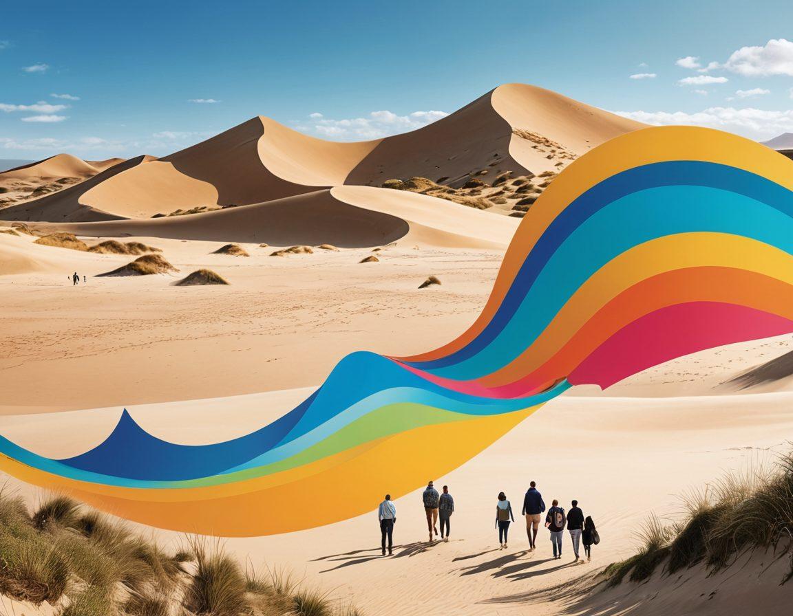 A vibrant collage of diverse people engaged in discussions, surrounded by iconic symbols of the SandB community, such as sand dunes and beach elements. The background features dynamic graphs representing trends and insights, while colorful speech bubbles float around, showcasing keywords like 'innovation' and 'community.' The atmosphere is lively and inviting, making it feel like a hub of collaboration. super-realistic. vibrant colors. 3D.